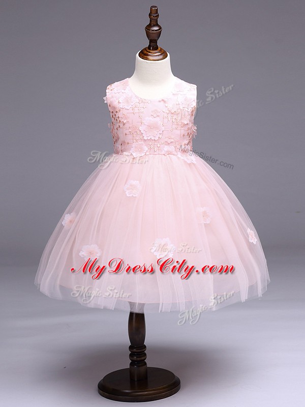 Custom Designed Knee Length Zipper Custom Made Baby Pink for Wedding Party with Appliques and Bowknot