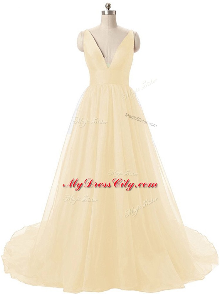 Custom Designed Light Yellow Sleeveless Organza Brush Train Backless Evening Dress for Prom and Party and Military Ball and Sweet 16