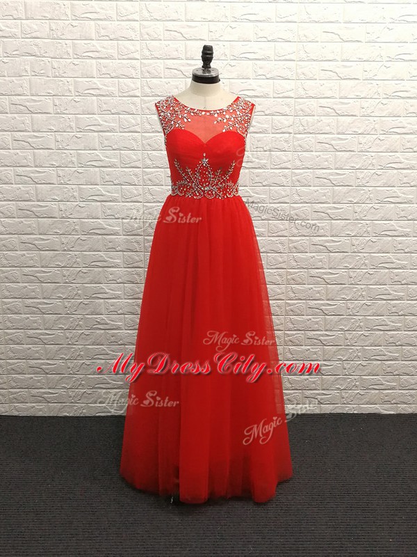 Excellent Red Chiffon Backless Scoop Sleeveless Floor Length Homecoming Party Dress Beading