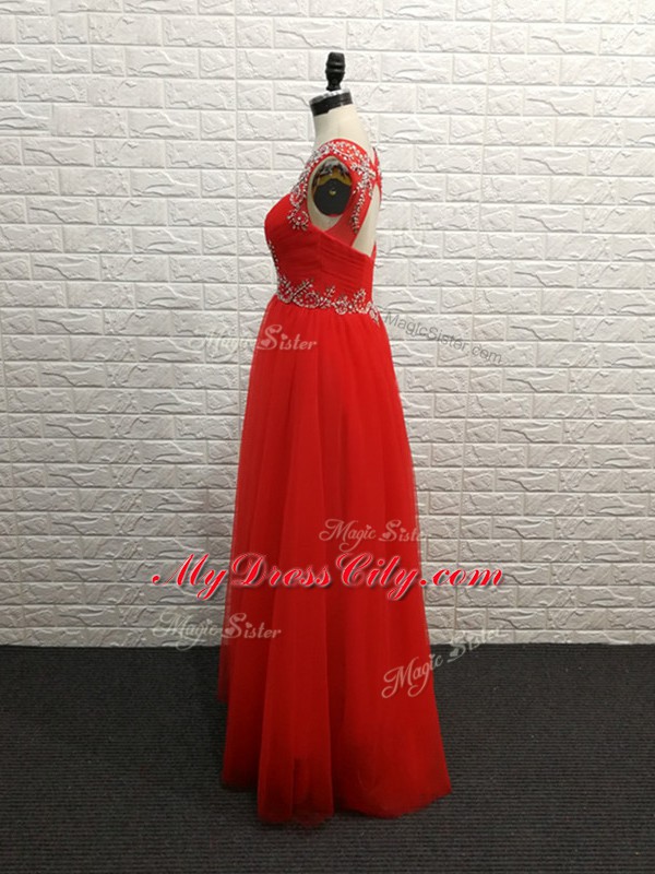 Excellent Red Chiffon Backless Scoop Sleeveless Floor Length Homecoming Party Dress Beading