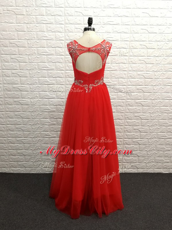 Excellent Red Chiffon Backless Scoop Sleeveless Floor Length Homecoming Party Dress Beading