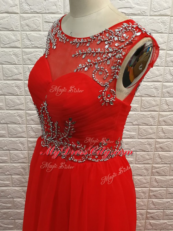 Excellent Red Chiffon Backless Scoop Sleeveless Floor Length Homecoming Party Dress Beading