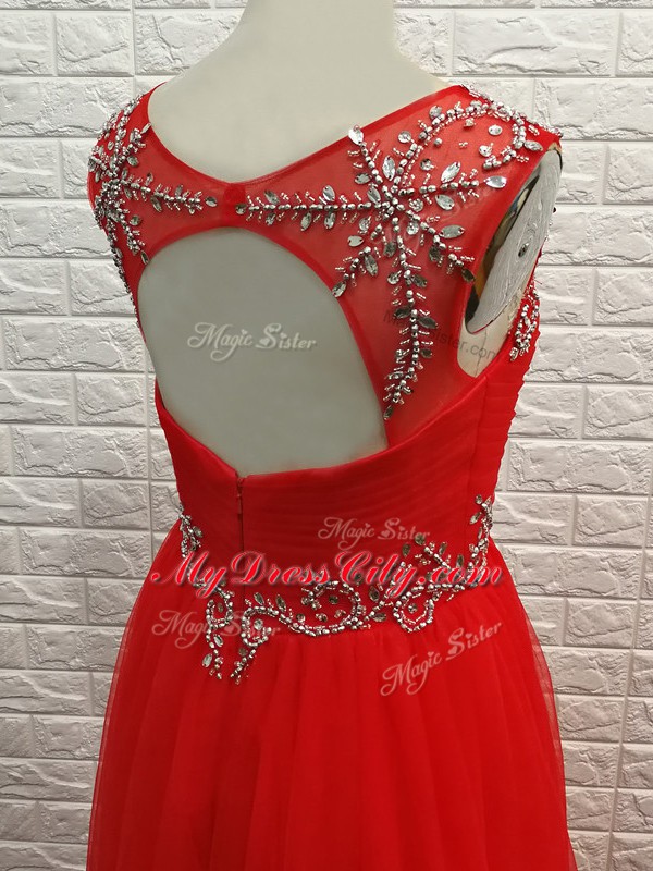 Excellent Red Chiffon Backless Scoop Sleeveless Floor Length Homecoming Party Dress Beading