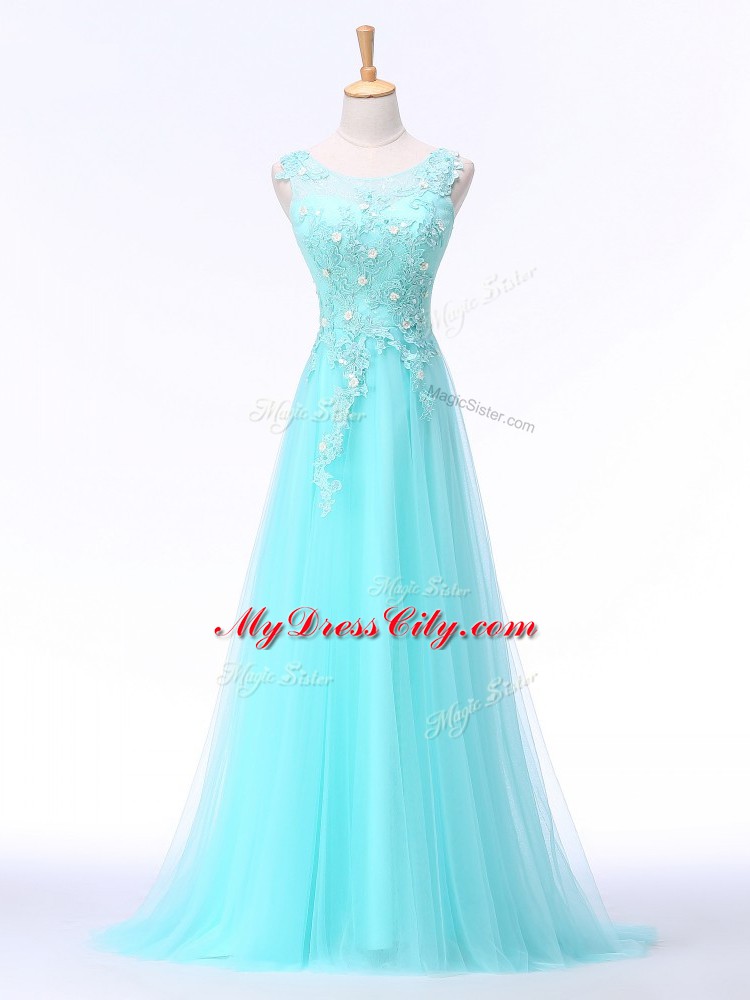 Aqua Blue Chiffon Backless Evening Gowns Sleeveless Brush Train Lace and Appliques