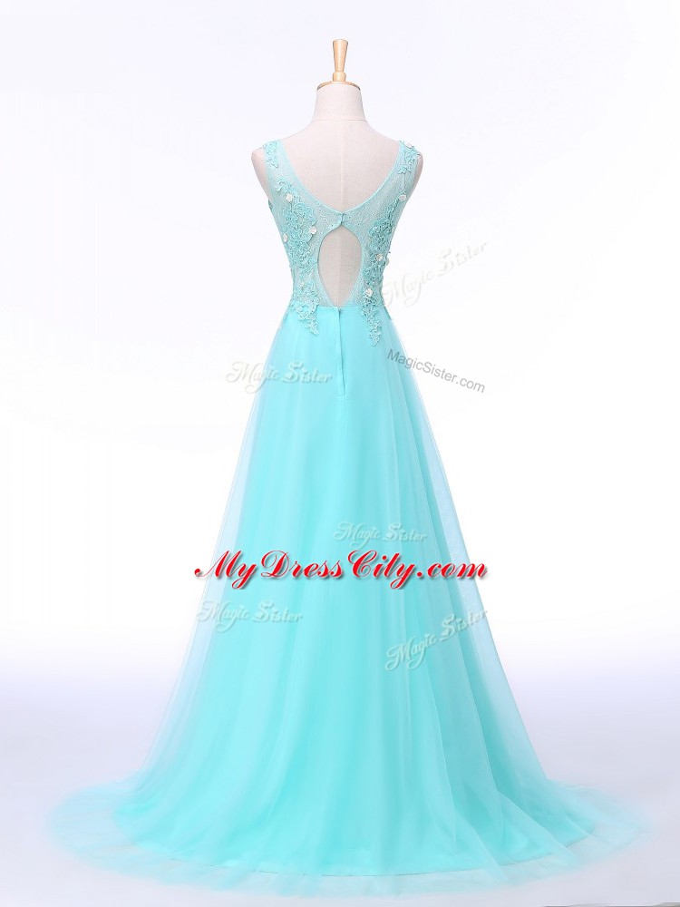 Aqua Blue Chiffon Backless Evening Gowns Sleeveless Brush Train Lace and Appliques