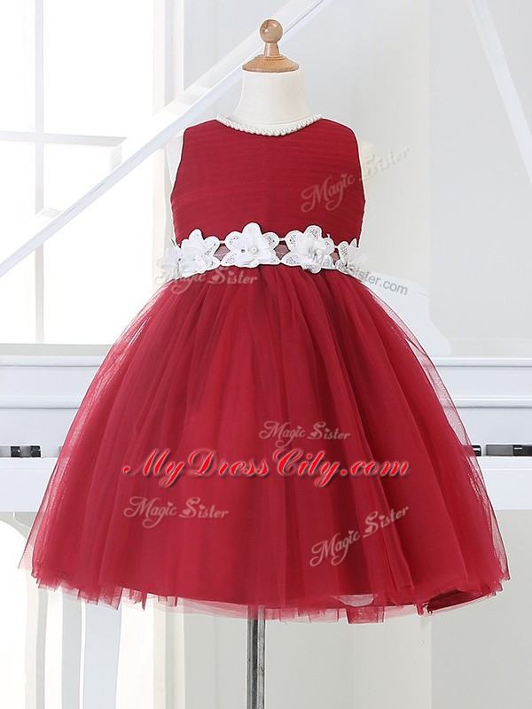 Pretty Wine Red Tulle Zipper Scoop Sleeveless Knee Length Toddler Flower Girl Dress Appliques