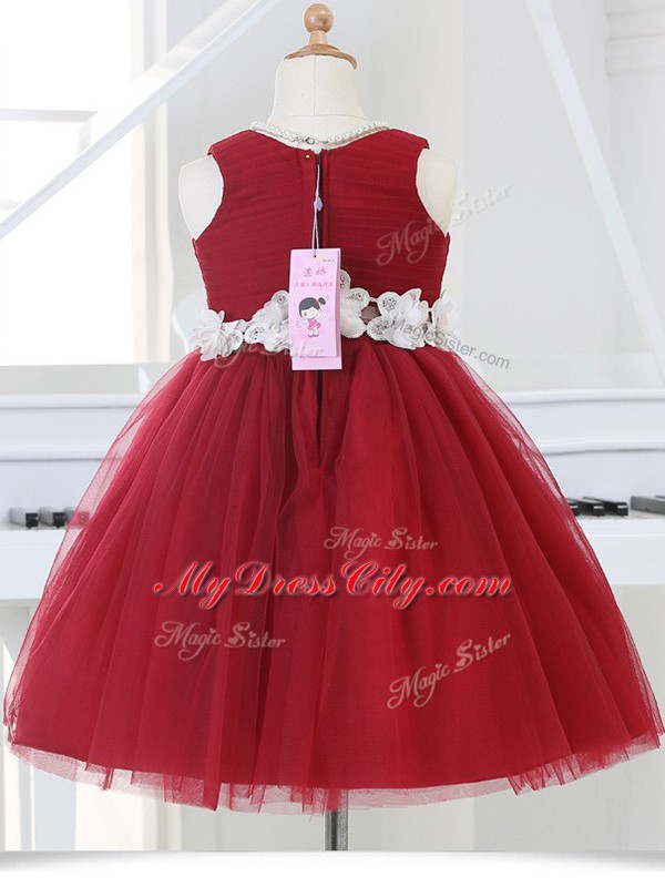 Pretty Wine Red Tulle Zipper Scoop Sleeveless Knee Length Toddler Flower Girl Dress Appliques