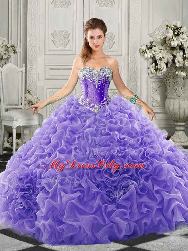 Lavender Ball Gowns Sweetheart Sleeveless Organza Court Train Lace Up Beading and Ruffles Sweet 16 Quinceanera Dress