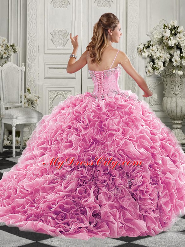 Lavender Ball Gowns Sweetheart Sleeveless Organza Court Train Lace Up Beading and Ruffles Sweet 16 Quinceanera Dress