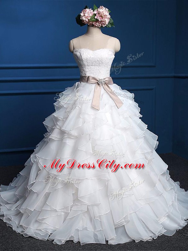 White Organza Lace Up Wedding Gown Sleeveless Floor Length Lace and Ruffles