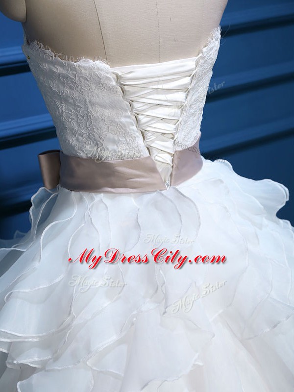 White Organza Lace Up Wedding Gown Sleeveless Floor Length Lace and Ruffles