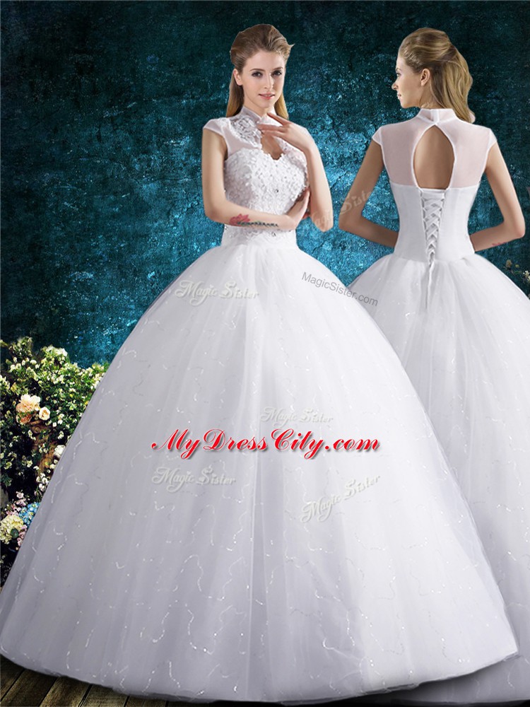 Glittering Tulle High-neck Sleeveless Lace Up Beading and Embroidery Bridal Gown in White