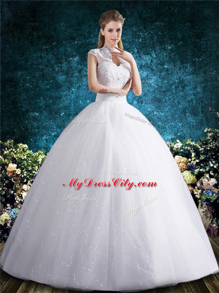 Glittering Tulle High-neck Sleeveless Lace Up Beading and Embroidery Bridal Gown in White