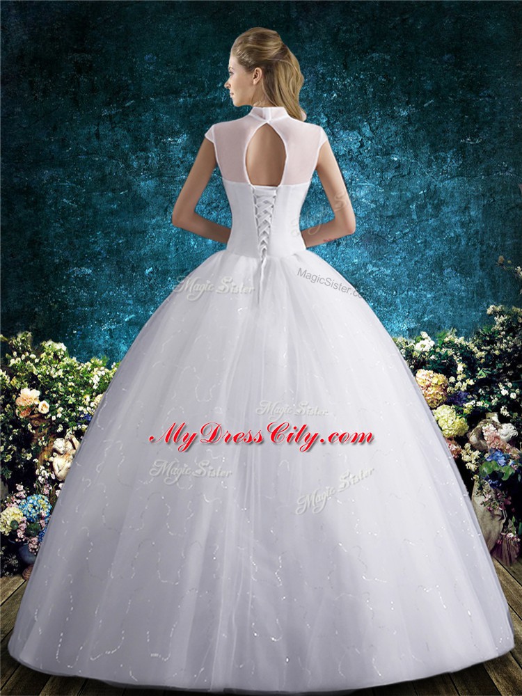 Glittering Tulle High-neck Sleeveless Lace Up Beading and Embroidery Bridal Gown in White