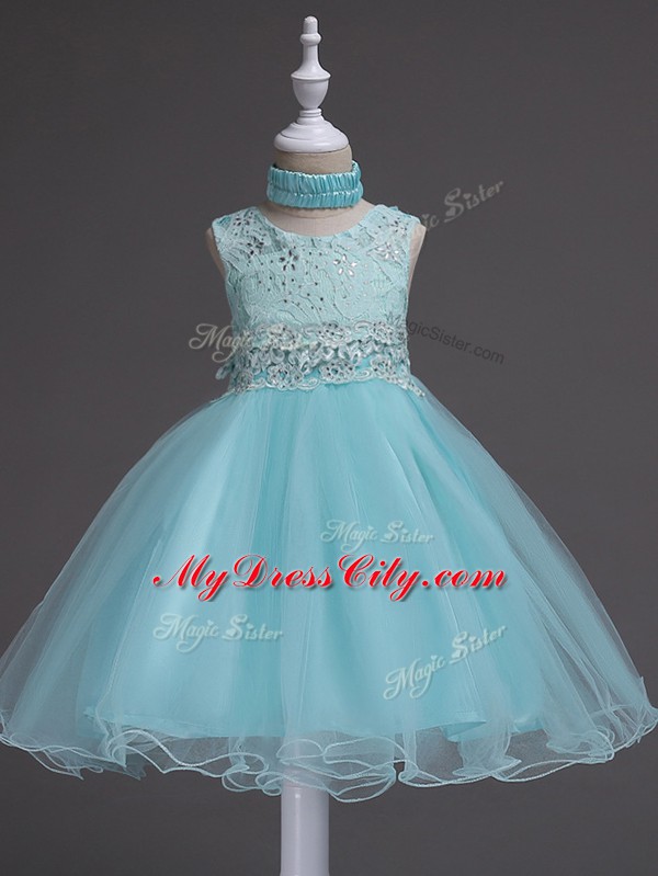 Aqua Blue Zipper Party Dress for Girls Beading and Lace Sleeveless Knee Length