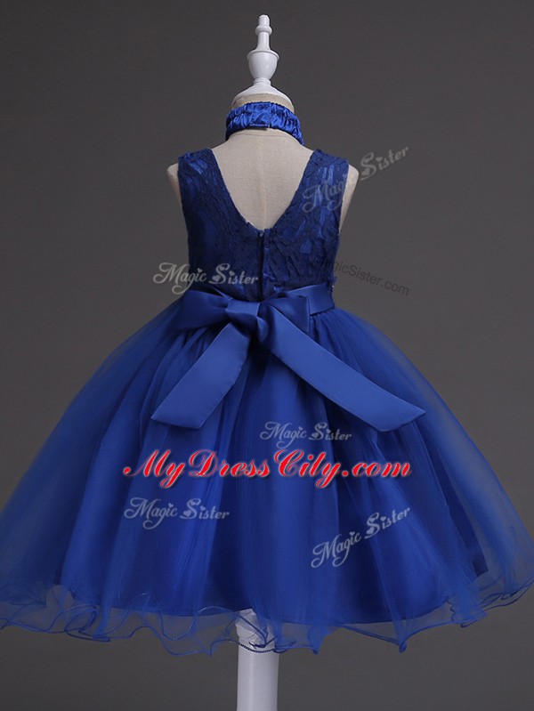 Aqua Blue Zipper Party Dress for Girls Beading and Lace Sleeveless Knee Length