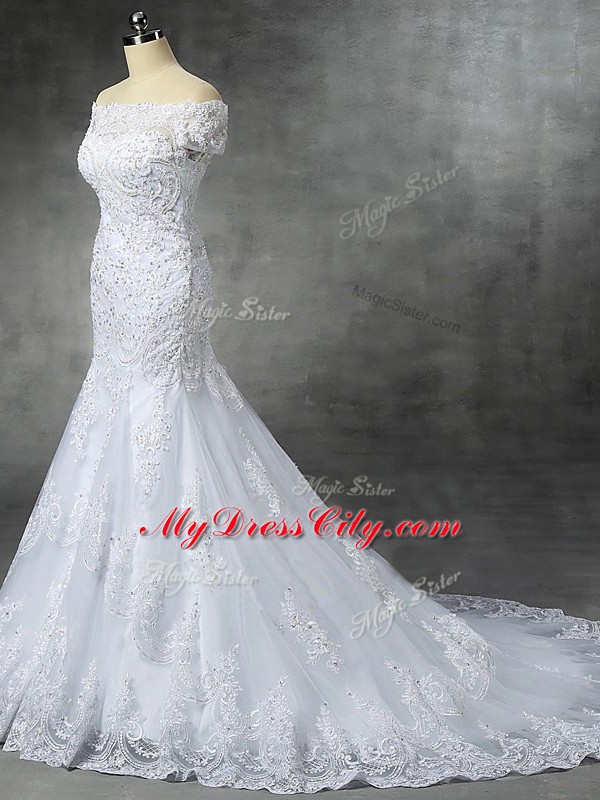 Glamorous Mermaid Sleeveless White Wedding Gown Brush Train Zipper