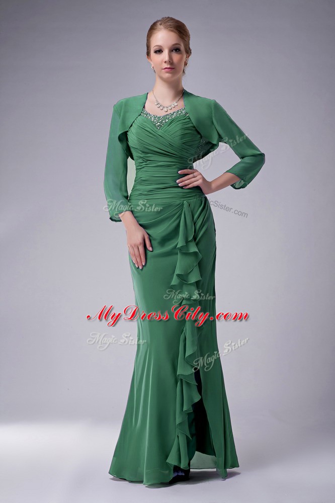 Green Zipper Mother Dresses Beading Sleeveless Floor Length