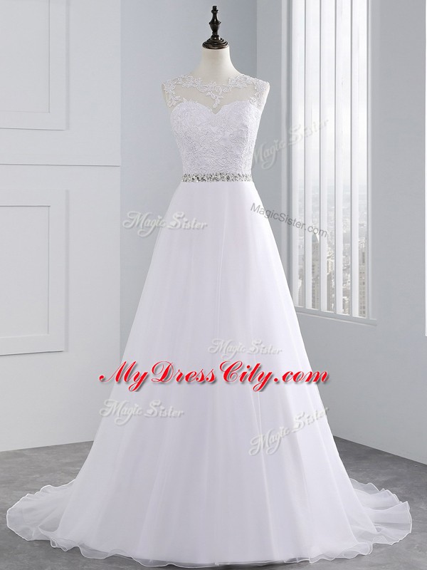 White Scalloped Neckline Beading and Lace Wedding Gown Sleeveless Zipper