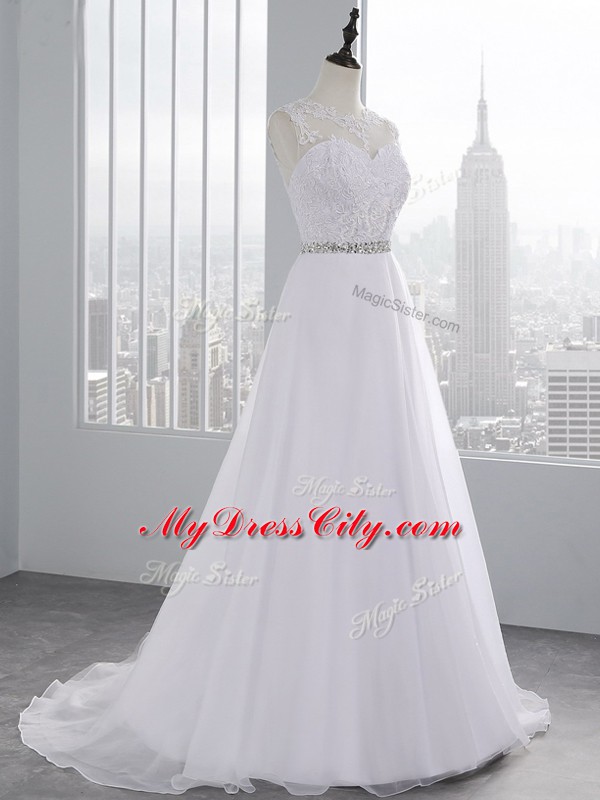 White Scalloped Neckline Beading and Lace Wedding Gown Sleeveless Zipper