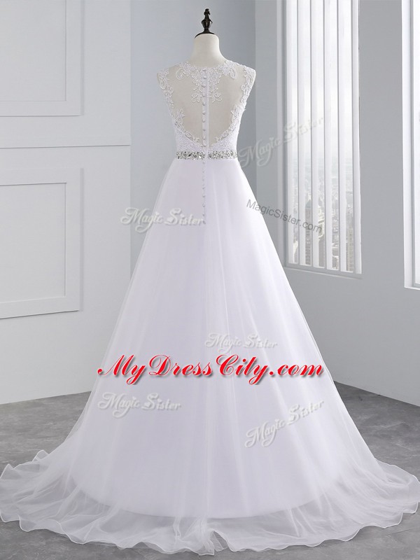 White Scalloped Neckline Beading and Lace Wedding Gown Sleeveless Zipper