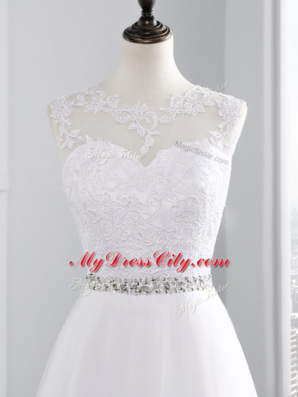 White Scalloped Neckline Beading and Lace Wedding Gown Sleeveless Zipper