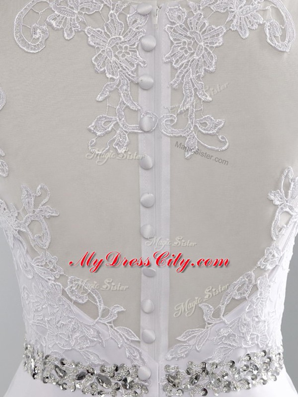 White Scalloped Neckline Beading and Lace Wedding Gown Sleeveless Zipper