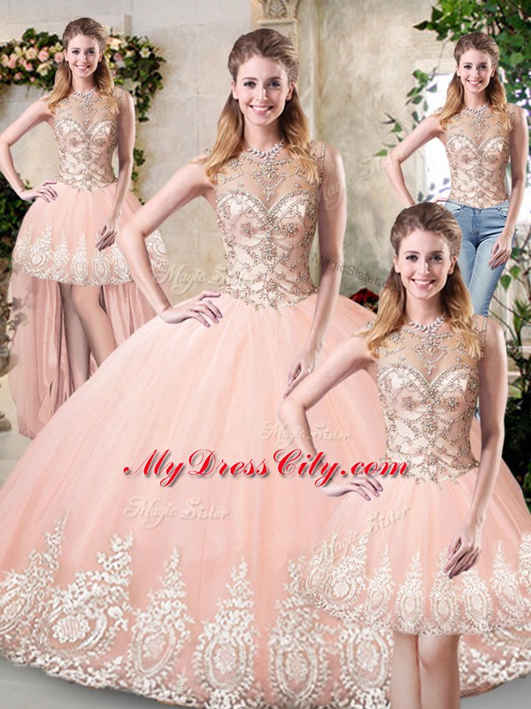 Admirable Peach Tulle Backless High-neck Sleeveless Floor Length Sweet 16 Quinceanera Dress Beading and Lace and Appliques