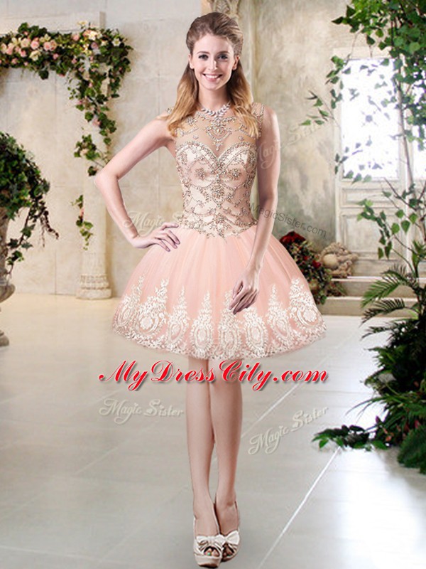 Admirable Peach Tulle Backless High-neck Sleeveless Floor Length Sweet 16 Quinceanera Dress Beading and Lace and Appliques