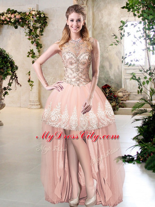 Admirable Peach Tulle Backless High-neck Sleeveless Floor Length Sweet 16 Quinceanera Dress Beading and Lace and Appliques