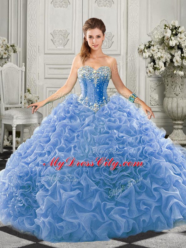 Ball Gowns Sleeveless Light Blue 15th Birthday Dress Court Train Lace Up