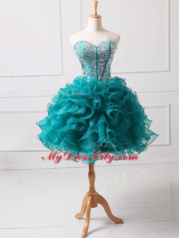 Inexpensive Sleeveless Mini Length Beading and Ruffles Lace Up Prom Evening Gown with Teal