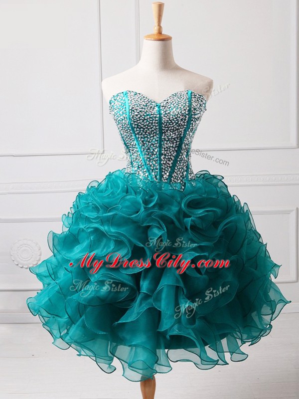 Inexpensive Sleeveless Mini Length Beading and Ruffles Lace Up Prom Evening Gown with Teal