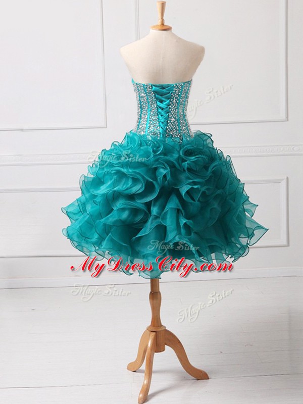 Inexpensive Sleeveless Mini Length Beading and Ruffles Lace Up Prom Evening Gown with Teal