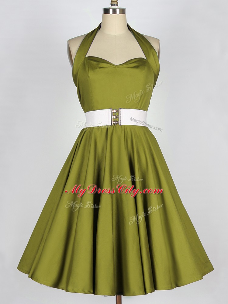 Best Selling Sleeveless Knee Length Belt Lace Up Wedding Party Dress with Olive Green