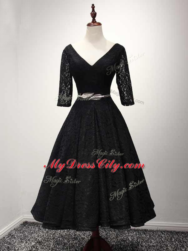 Sexy Black Half Sleeves Ankle Length Lace and Belt Lace Up Prom Dresses