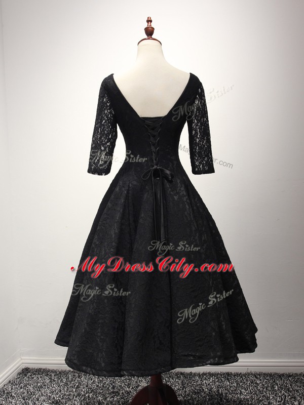 Sexy Black Half Sleeves Ankle Length Lace and Belt Lace Up Prom Dresses