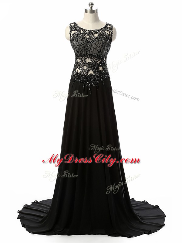 Scoop Sleeveless Brush Train Side Zipper Evening Gowns Black Chiffon