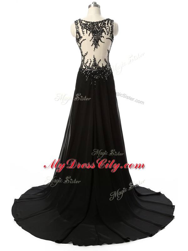 Scoop Sleeveless Brush Train Side Zipper Evening Gowns Black Chiffon