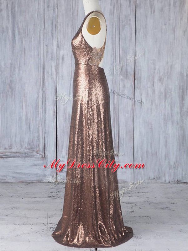 Brown Sleeveless Floor Length Appliques Criss Cross Bridesmaid Gown