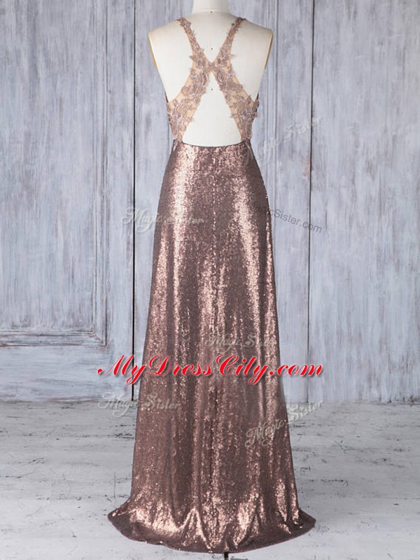 Brown Sleeveless Floor Length Appliques Criss Cross Bridesmaid Gown