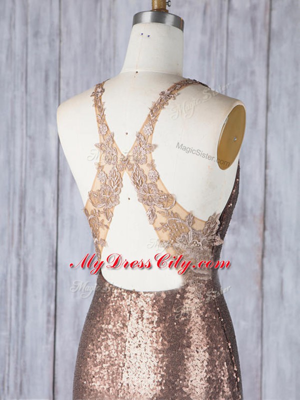 Brown Sleeveless Floor Length Appliques Criss Cross Bridesmaid Gown