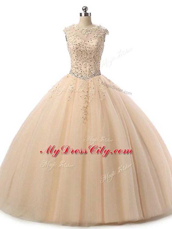 Floor Length Lace Up Ball Gown Prom Dress Champagne for Military Ball and Sweet 16 and Quinceanera with Beading and Lace