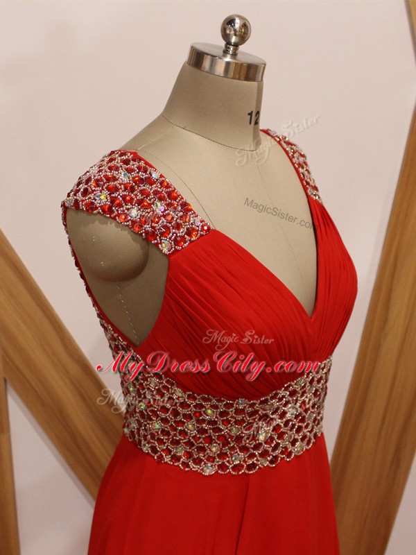 Beauteous Red V-neck Neckline Beading Red Carpet Prom Dress Sleeveless Backless