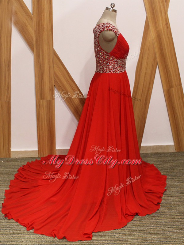 Beauteous Red V-neck Neckline Beading Red Carpet Prom Dress Sleeveless Backless