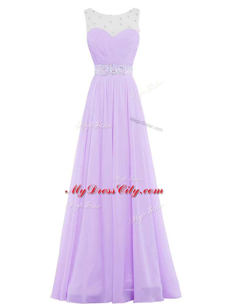 Floor Length Lavender Homecoming Party Dress Chiffon Sleeveless Beading