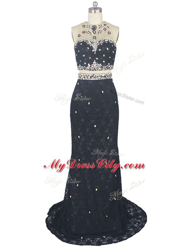 Hot Sale High-neck Sleeveless Brush Train Zipper Evening Dress Black Lace