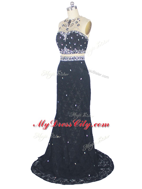 Hot Sale High-neck Sleeveless Brush Train Zipper Evening Dress Black Lace