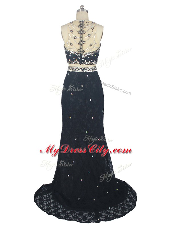 Hot Sale High-neck Sleeveless Brush Train Zipper Evening Dress Black Lace