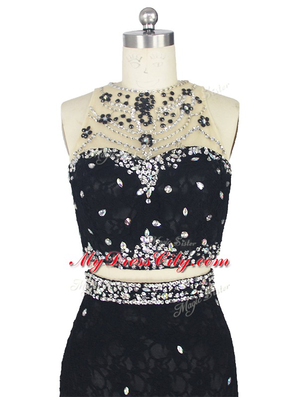 Hot Sale High-neck Sleeveless Brush Train Zipper Evening Dress Black Lace